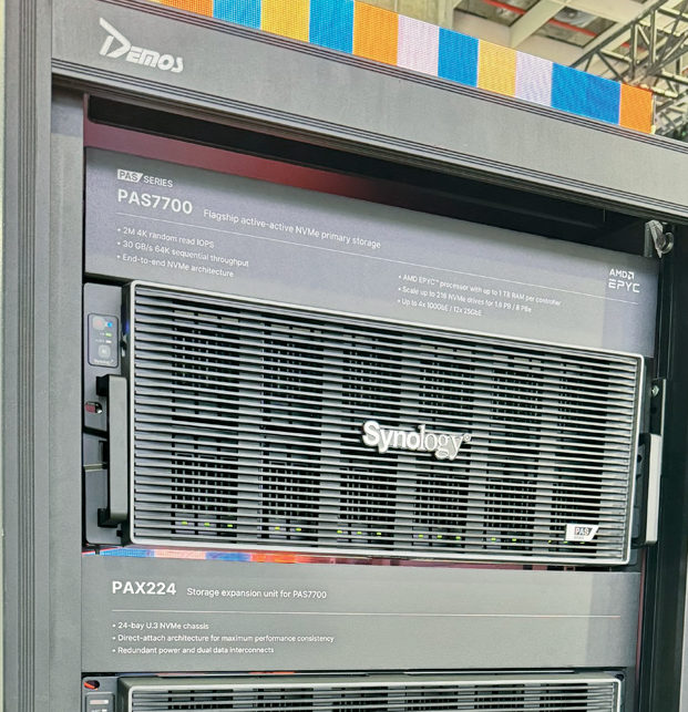 Synology PAS7700可支援多達48顆NVMe SSD的4U機箱設計,並可透過擴充櫃,將總儲存空間擴充至1.65PB,為現代資料密集型工作負載提供強力後盾。