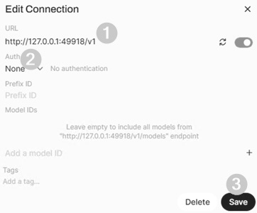 圖14 組態設定Open WebUI連接Foundry Local的API Endpoints路徑。