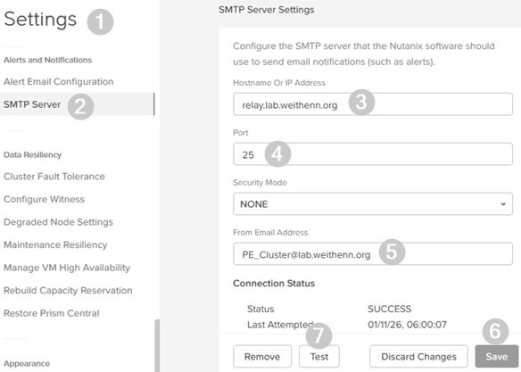 圖7 組態設定Nutanix叢集SMTP郵件伺服器資訊。