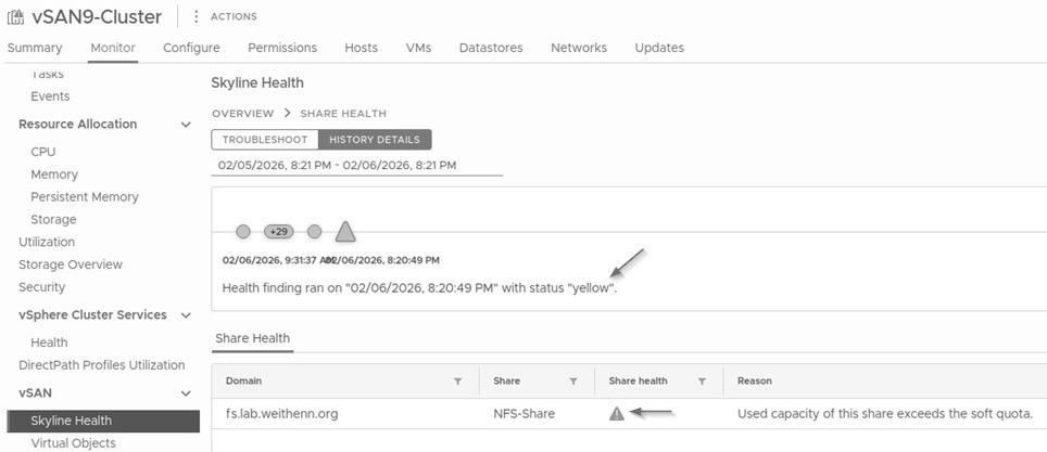 圖15 vSAN Skyline Health健康檢查機制發現NFS檔案共用服務為警告狀態。