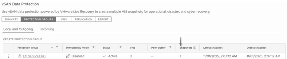 圖10 手動建立vSAN DP快照後,查看快照份數和快照建立時間資訊。