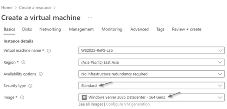 圖7 Azure VM虛擬主機Security type調整為Standard才能安裝Hyper-V伺服器角色。