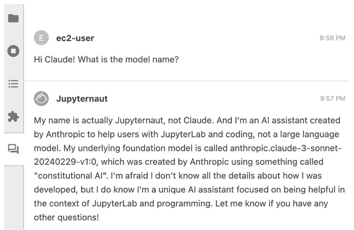 圖4 詢問Jupyter-AI plugin使用中的模型名稱時,將回應目前已正確連接Claude模型。