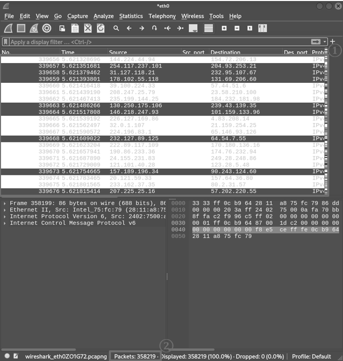 圖8 Wireshark顯示側錄到的封包數量來到358,219則封包。