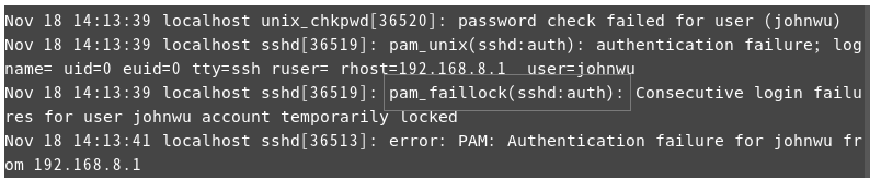 圖10 輸入3次錯誤密碼,因而讓pam_faillock封鎖。