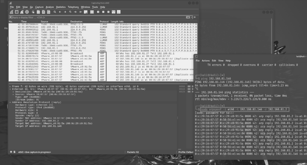 圖6 使用sudo arpspoof指令誤導Metasploitable2靶機的ARP Table。