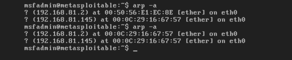 圖7 再次輸入「arp -a」指令觀察遭到攻擊後的Meta靶機ARP快取。