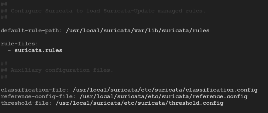 圖7 設定Suricata所使用之偵測規則檔所在的目錄位置與檔案名稱。