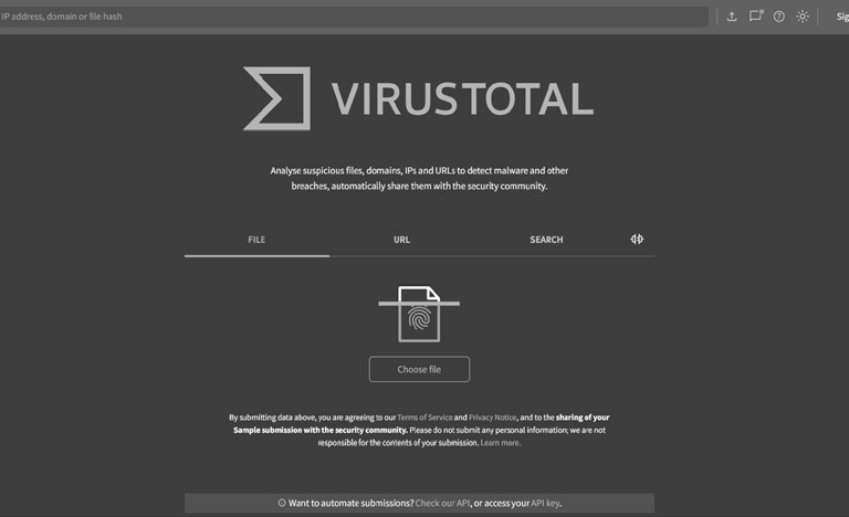 圖1 VirusTotal網站首頁。